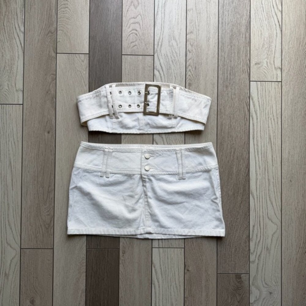 Y2K white denim set crop top and skirt